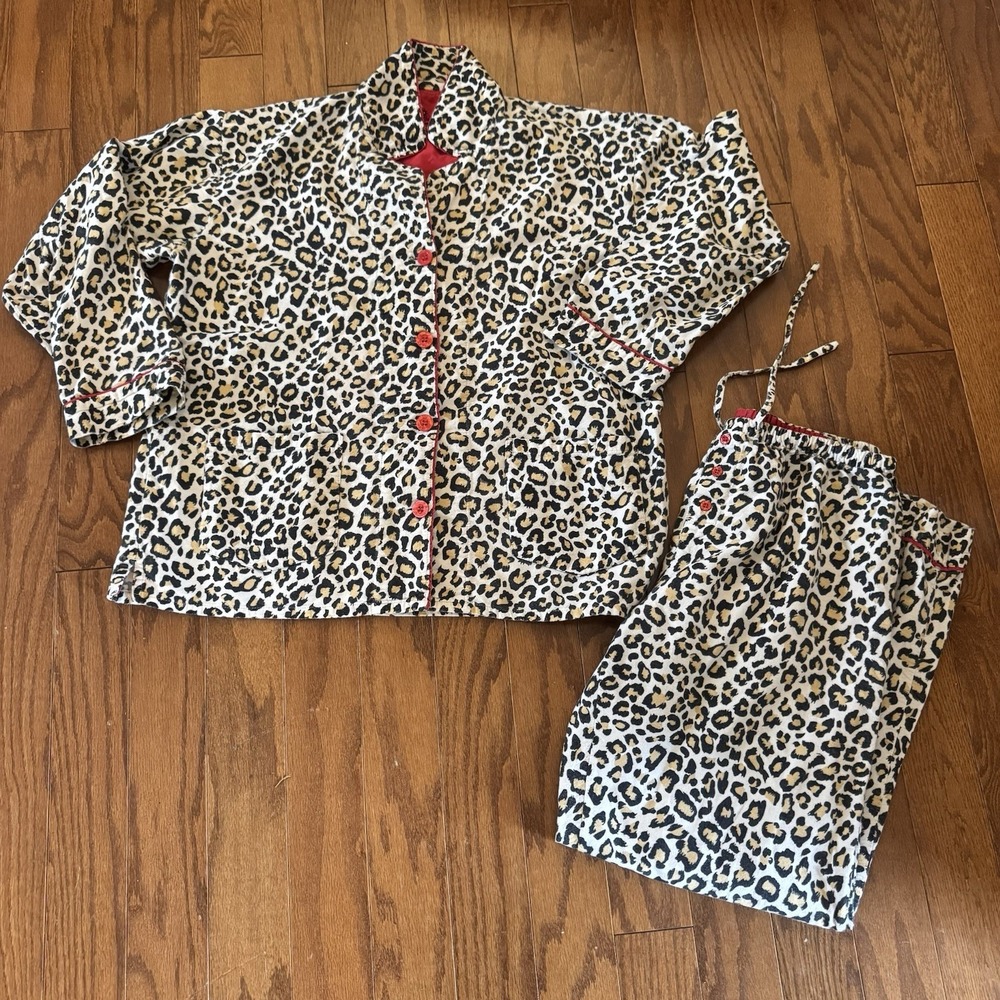 PJ Salvage Pajama Set Women S Leopard Print Cotton Sleepwear Lounge Red Trim